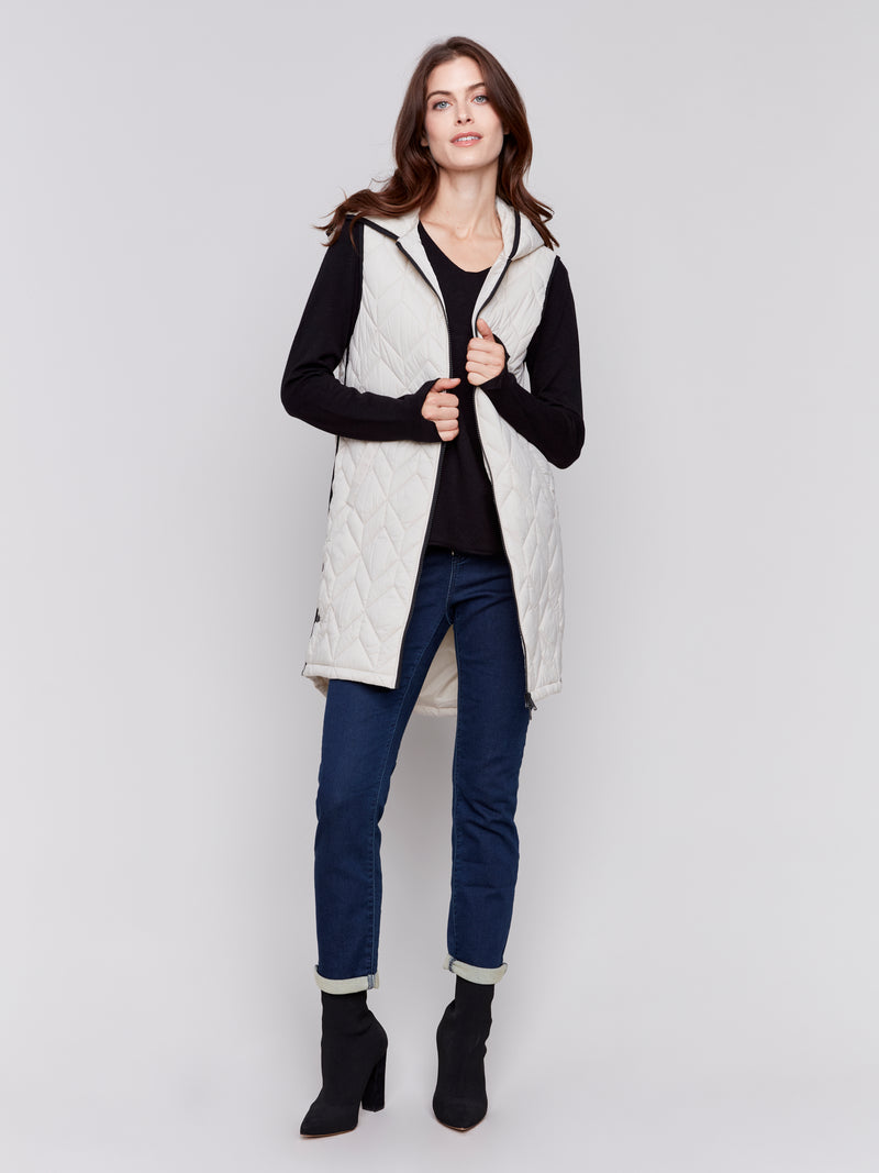 Charlie B Long Quilted Hooded Vest Almond