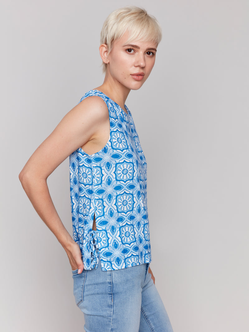 Charlie B Blue/White Print Tank Top With Bows