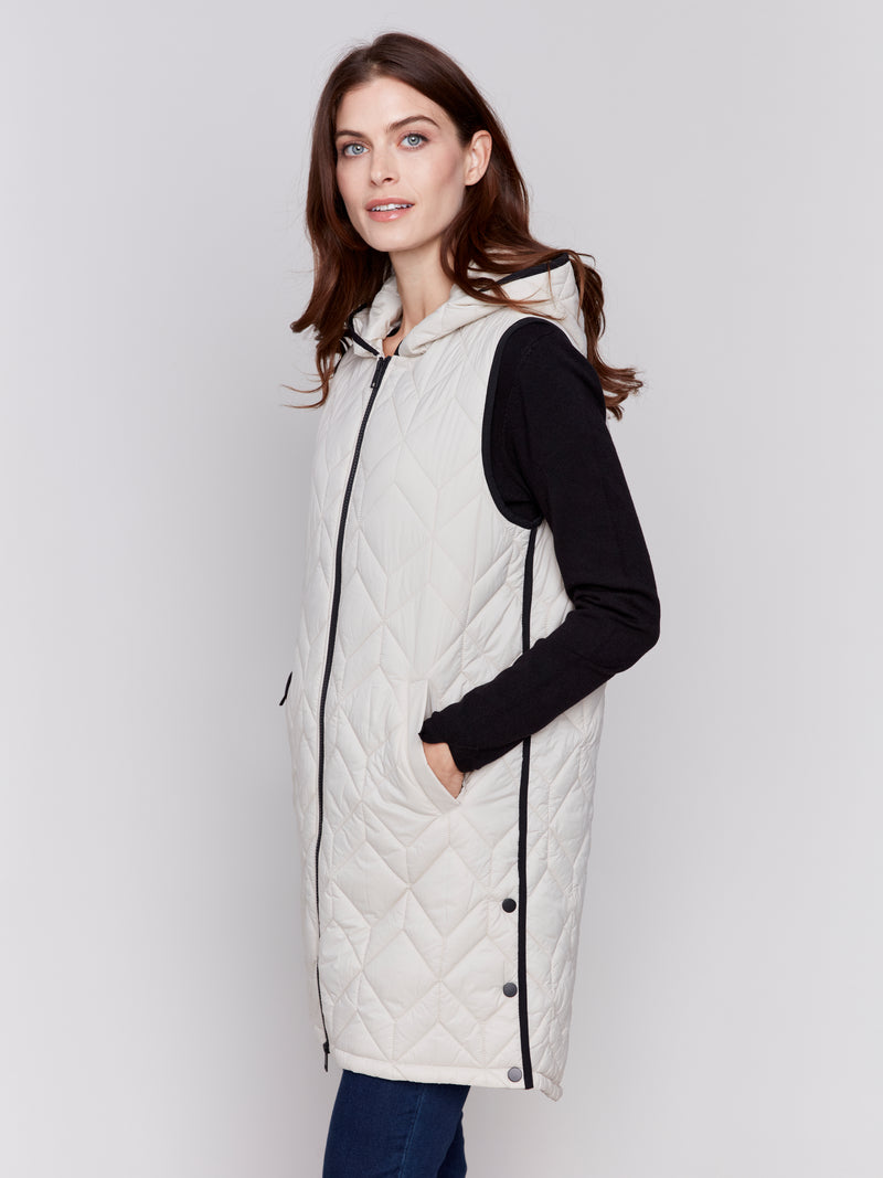 Charlie B Long Quilted Hooded Vest Almond