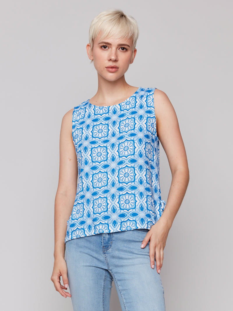 Charlie B Blue/White Print Tank Top With Bows