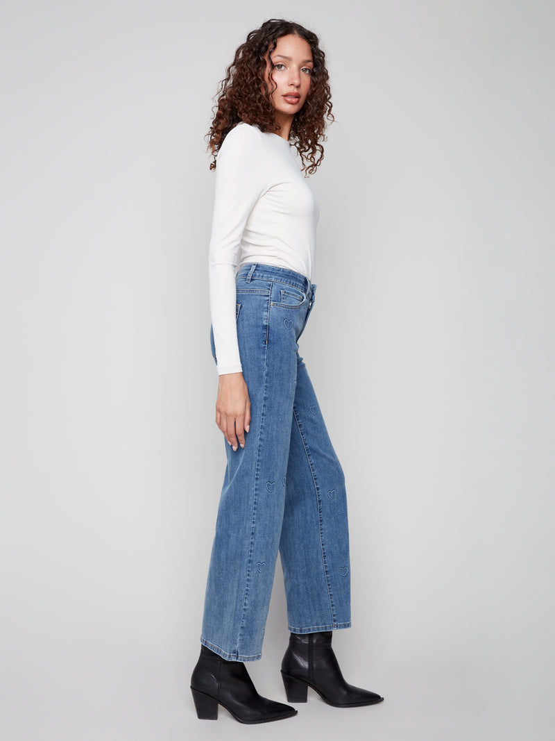 Charlie B Wide Leg Embossed Heart Denim Blue Jeans