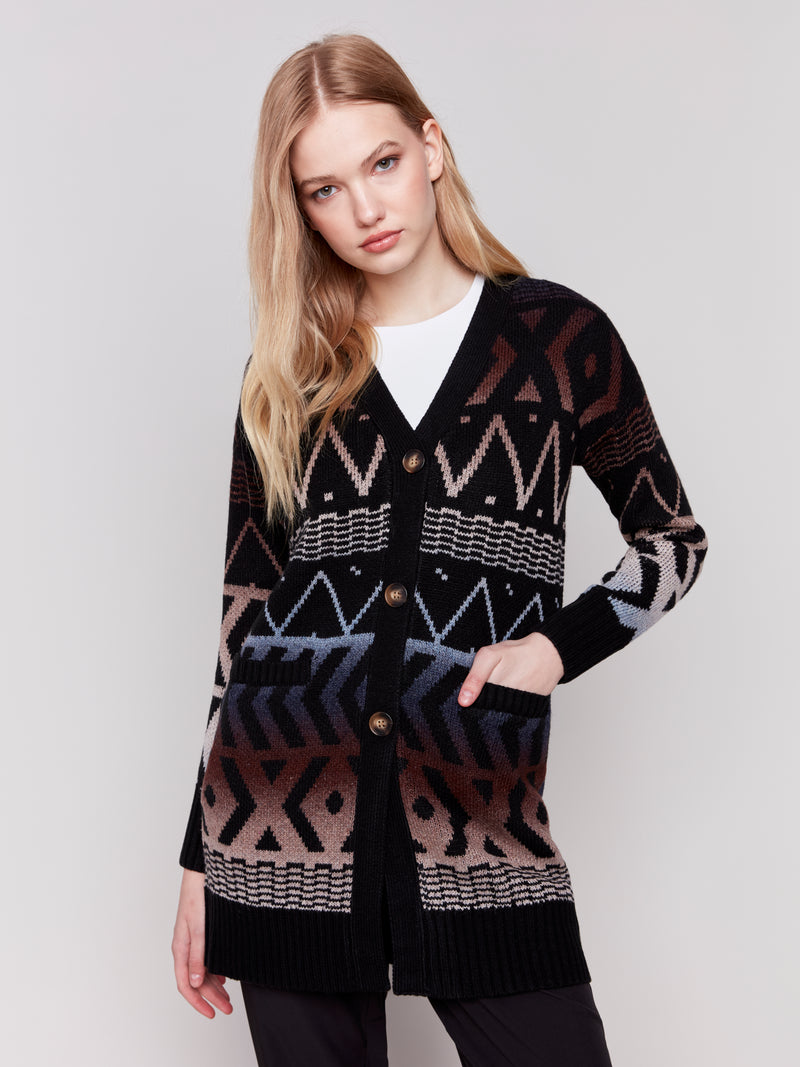 Charlie B Aztec Print Button Up Cardigan Black