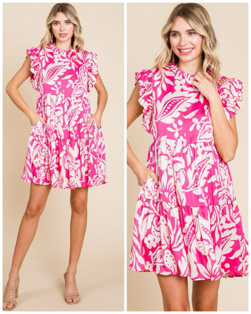 Floral Pink Dress With High Neck And Pockets