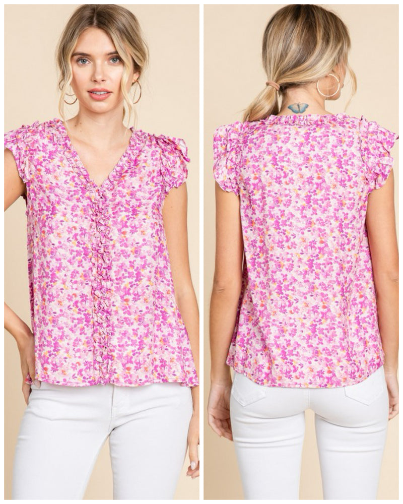 Light Weight Printed Blouse With Ruffle Detail Magenta