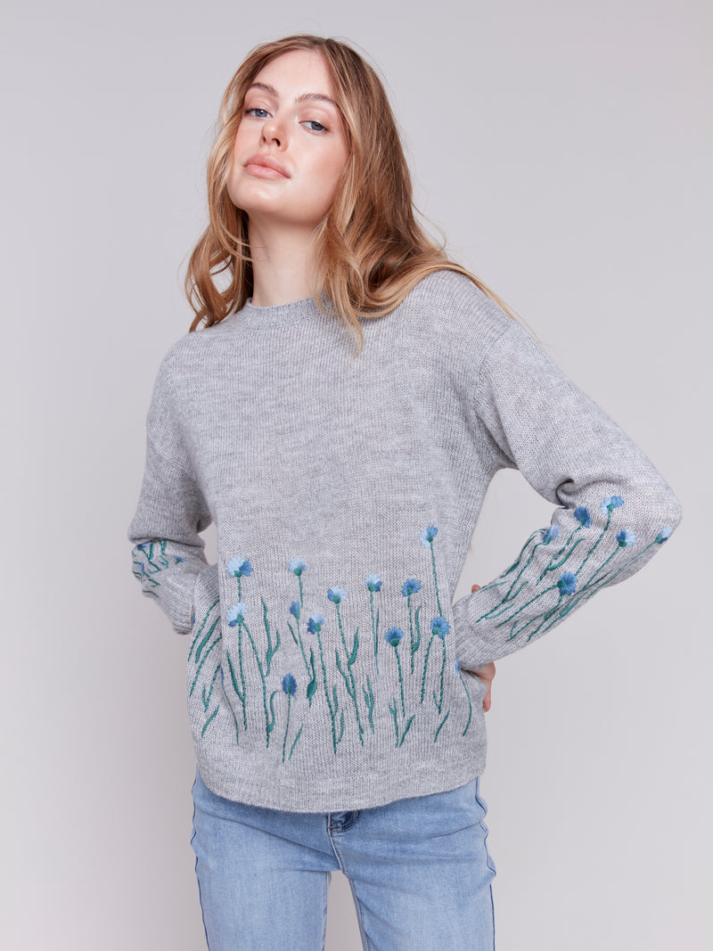 Charlie B Knit Crewneck Sweater With Flowers