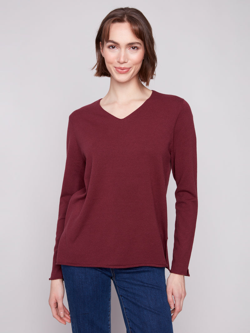 Charlie B Light Weight V Neck Sweater Cabernet