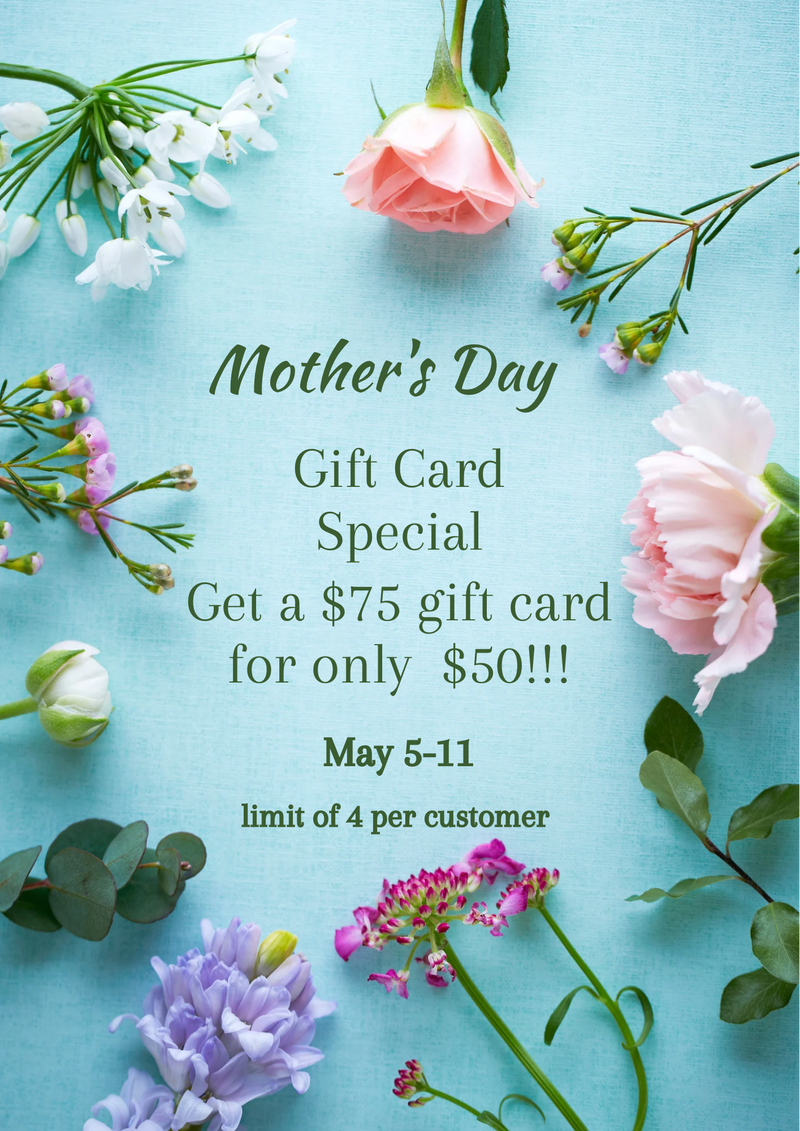 Mothers Day Gift Card Special $75 gift card for only $50