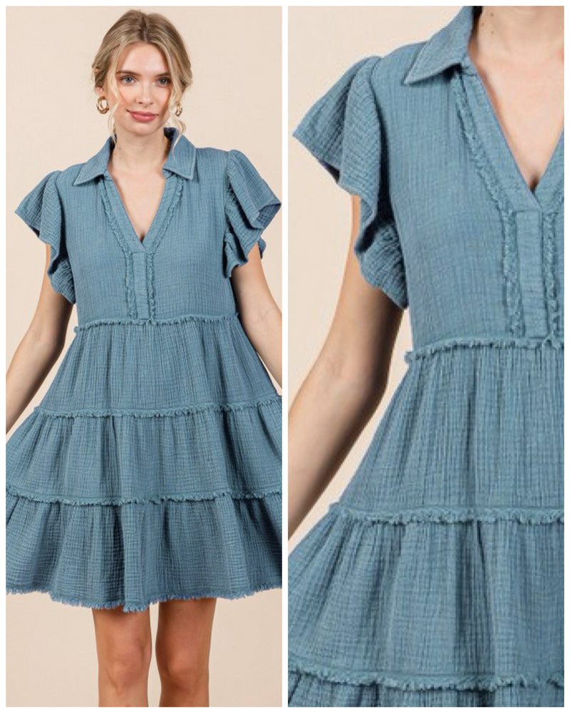 Washed Cotton Babydoll Dress Denim Color