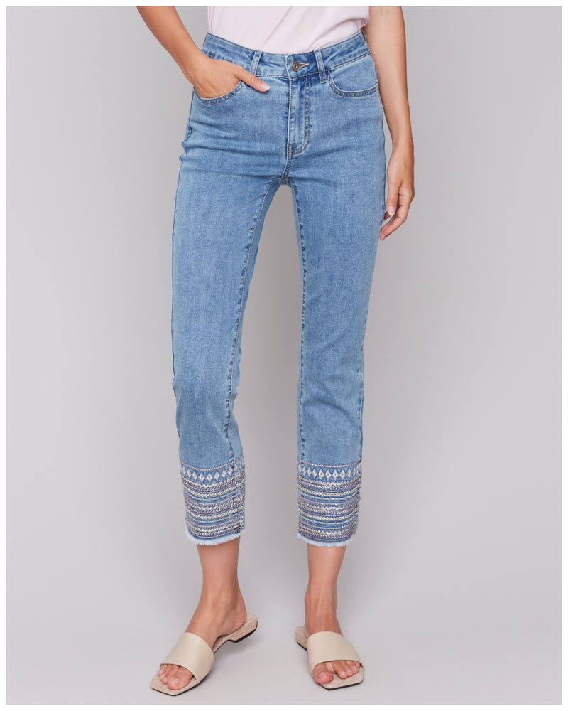 Charlie B Light Blue Straightleg Jean With Crystals And Embroidery Detail