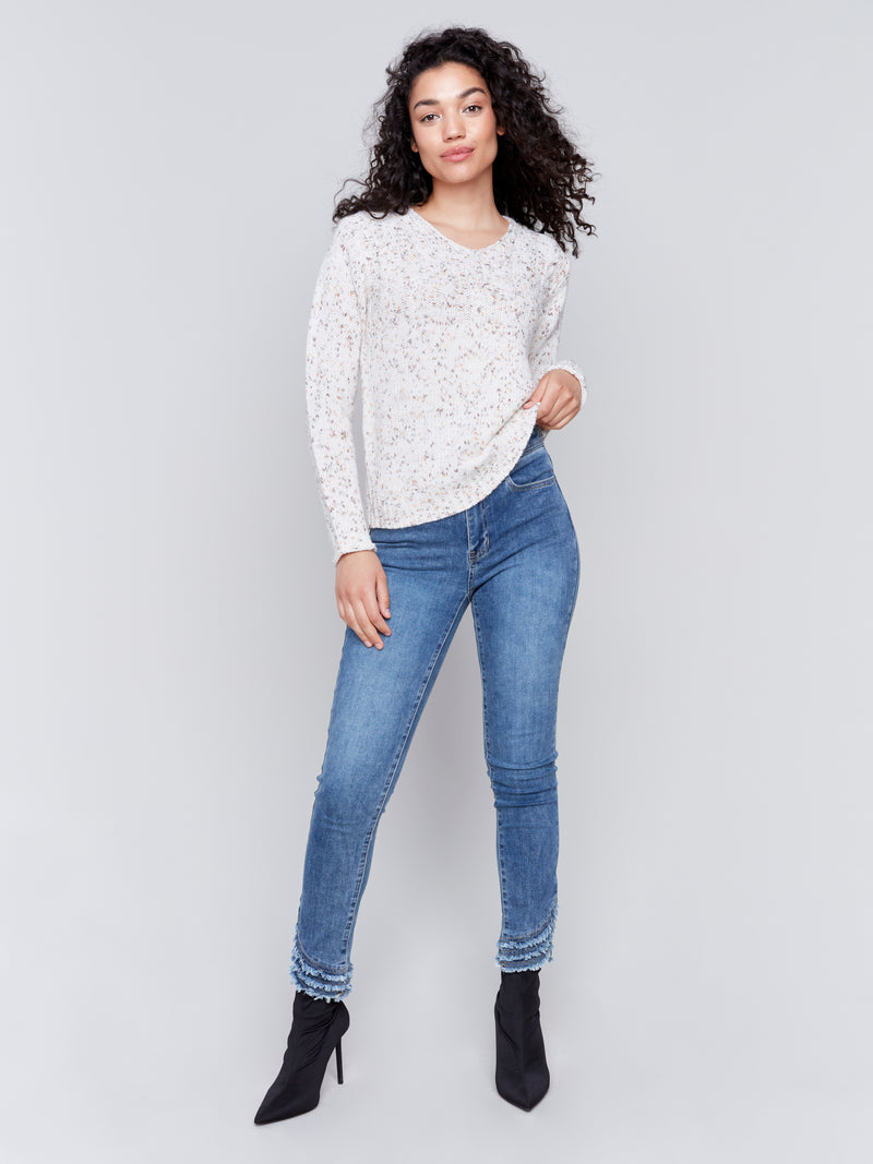 Charlie B Knit V Neck Cream Multi Sweater