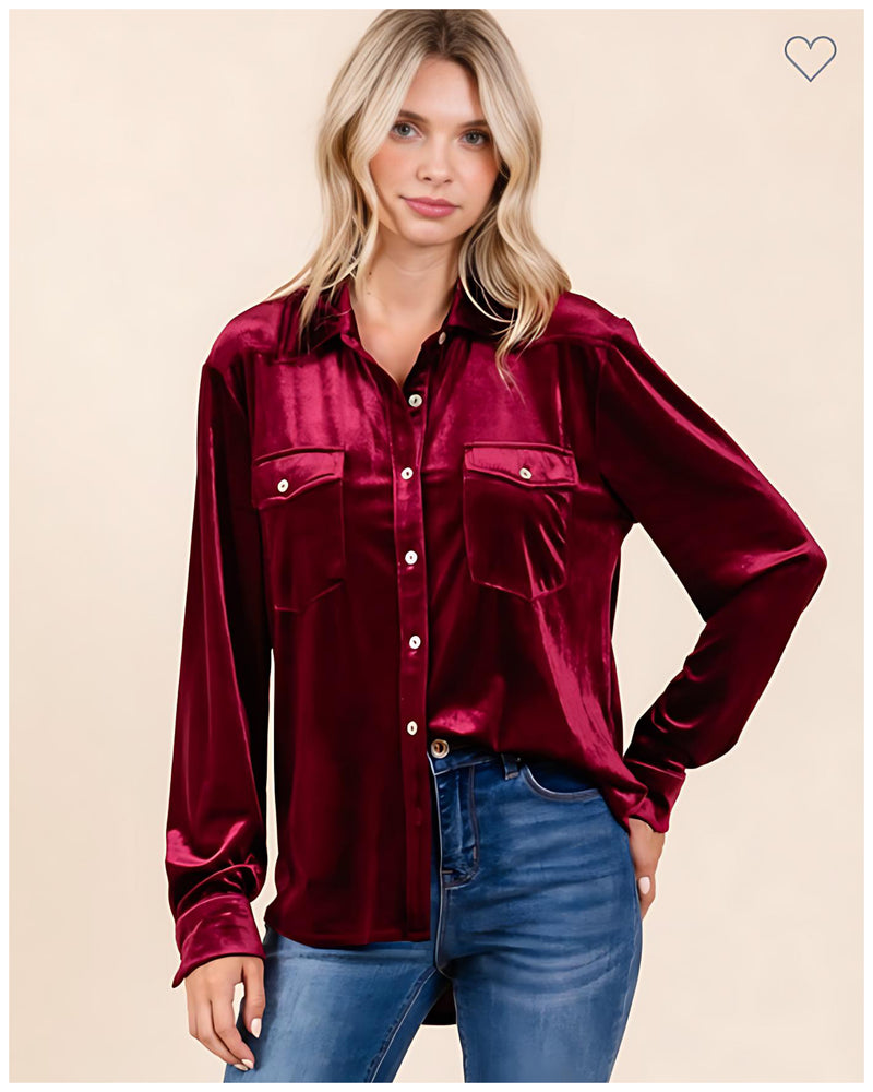 Burgundy Velvet Button Up Top