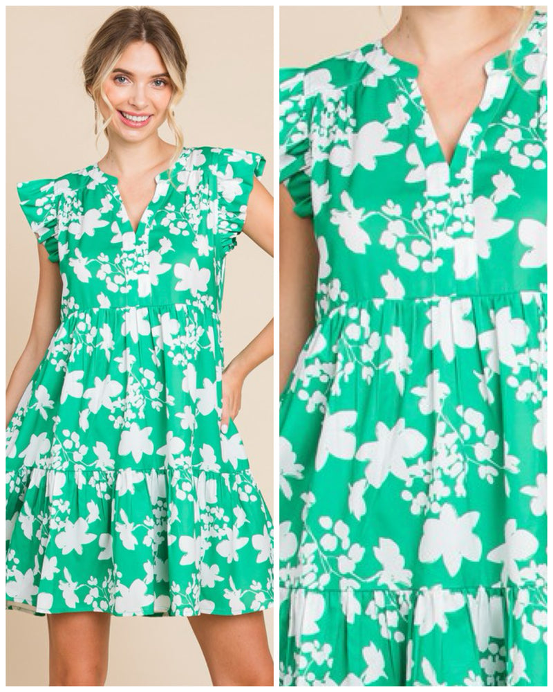 Floral Babydoll Dress With Pockets Green