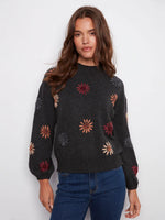 Charlie B Mock Neck Charcoal Sweater With Embroidery