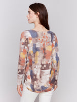 Charlie B Printed Light Weight Sweater With Ribbed Detail And Long Sleeves