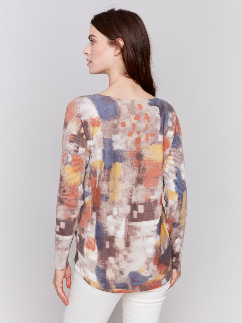 Charlie B Printed Light Weight Sweater With Ribbed Detail And Long Sleeves