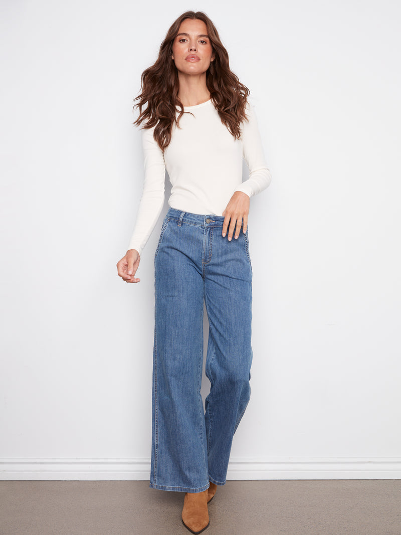 Charlie B Wide Leg Blue Denim Jean With Slash Pockets
