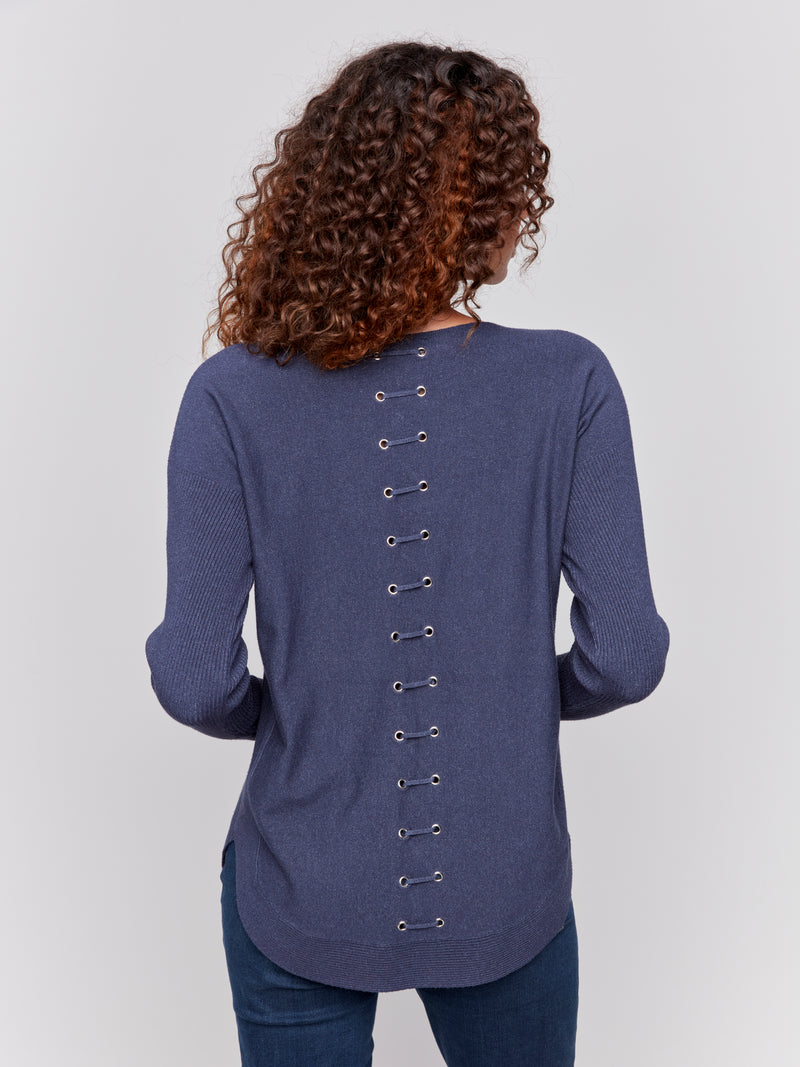 Charlie B Light Sweater With Eyelet Back Detail Denim