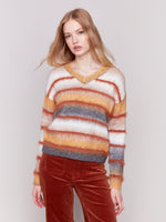 Charlie B Knit V Neck Striped Sweater Amber