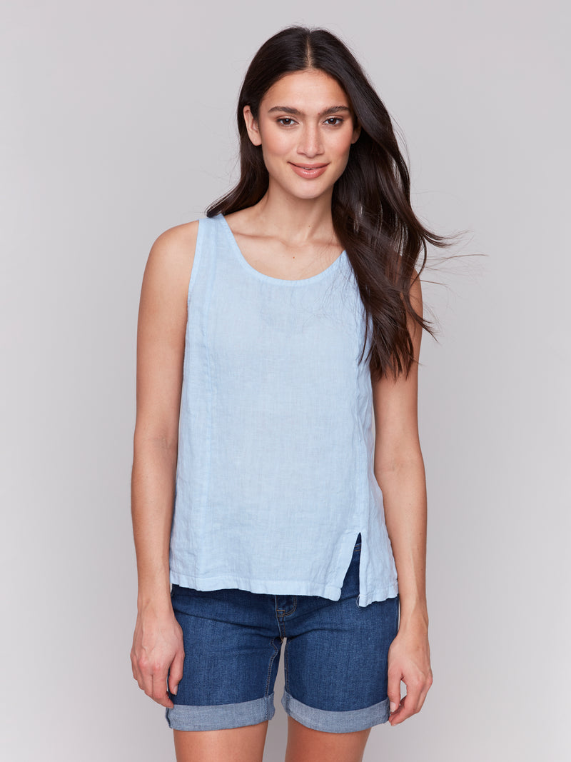 Charlie B Bluebell Linen Tank Top With Side Slit