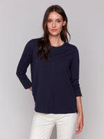 Charlie B Navy 3/4 Sleeve Top With Front Hem