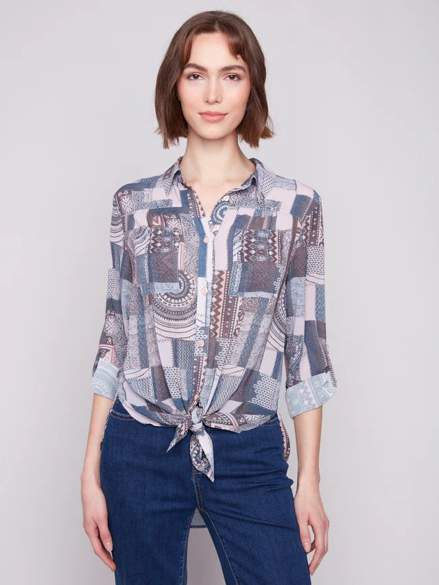 Charlie B Front Tie Blouse Patchwork