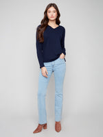 Charlie B Navy V Neck Light Weight Knit Sweater