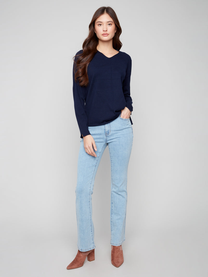 Charlie B Navy V Neck Light Weight Knit Sweater