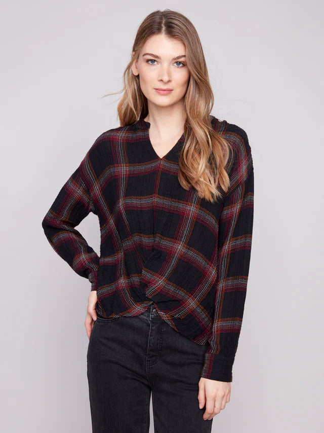 Charlie B Black Paid Front Tie Blouse