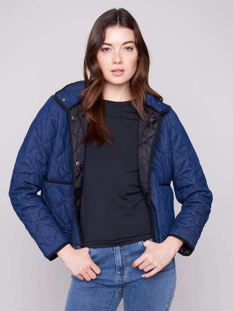 Charlie B Denim Quilted Jacket With Removable Hood