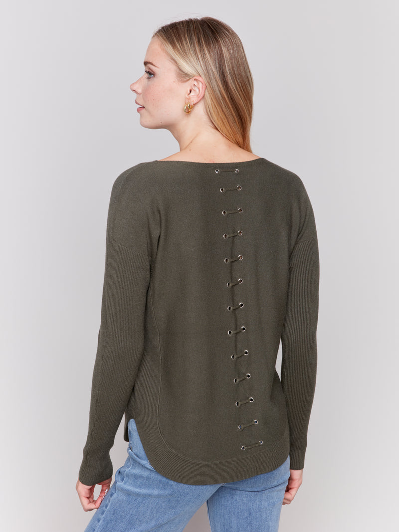 Charlie B Light Weight Sweater With Front Pockets And Eyelt Back Detail Spruce