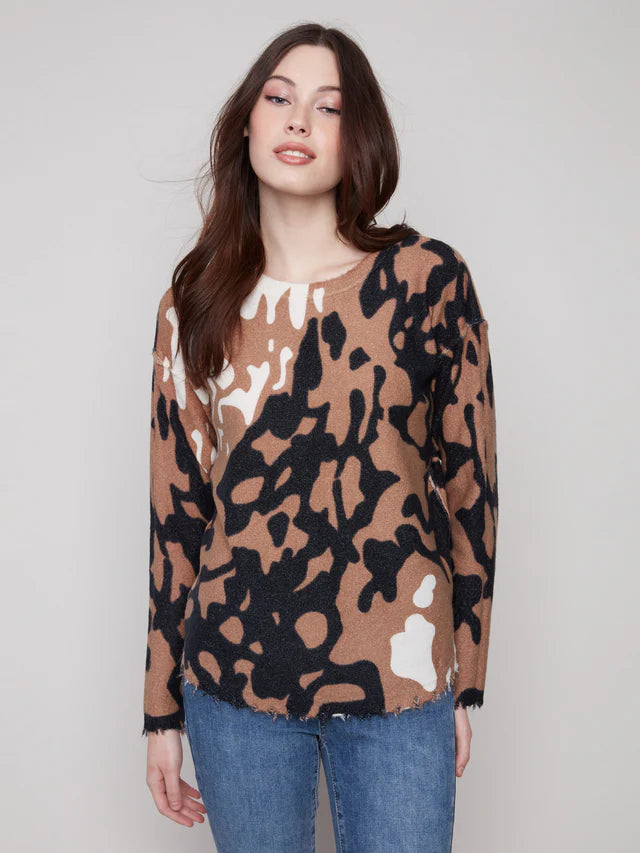 Charlie B Reversible Black/Taupe Print Sweater
