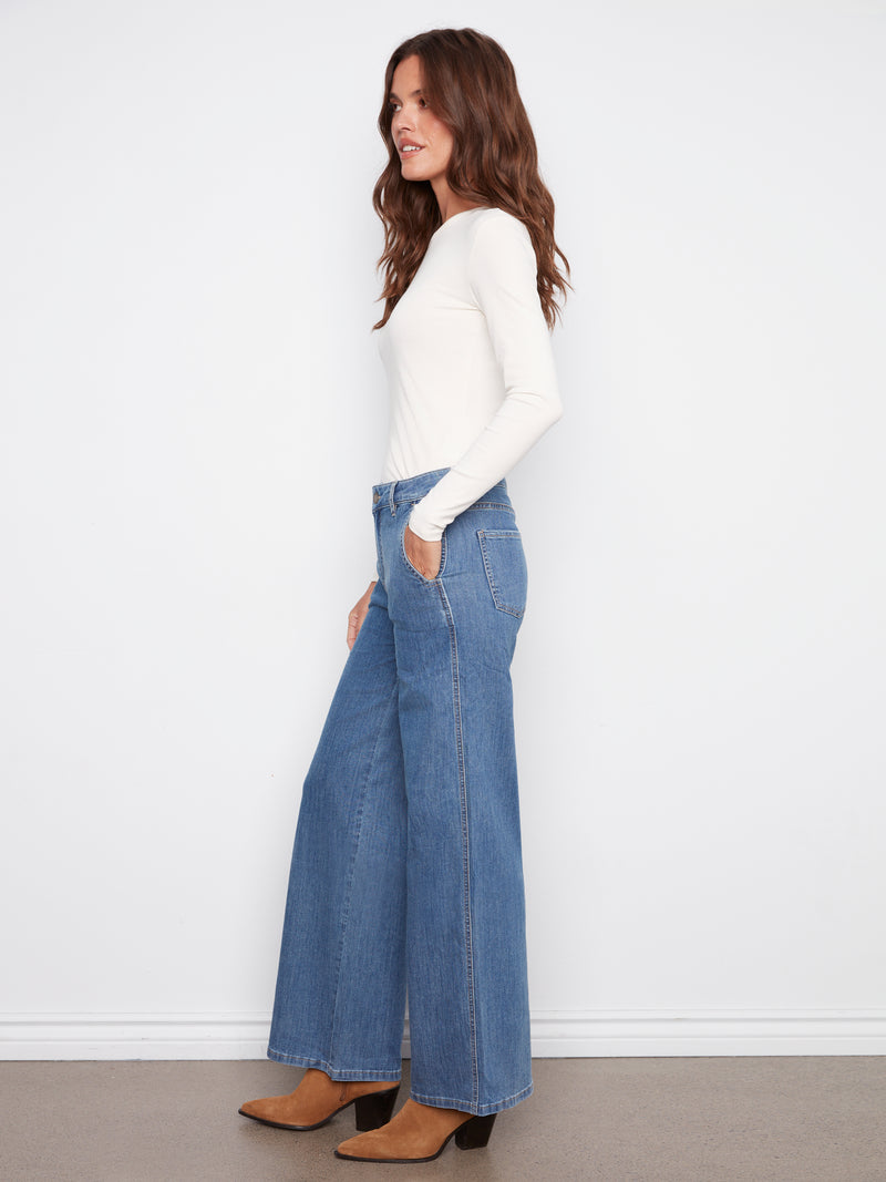 Charlie B Wide Leg Blue Denim Jean With Slash Pockets