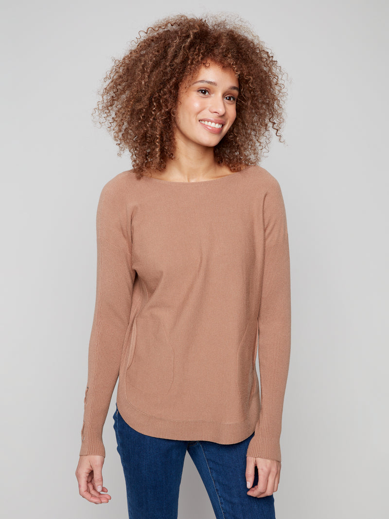 Charlie B Truffle Light Long Sleeve Sweater With Pockets