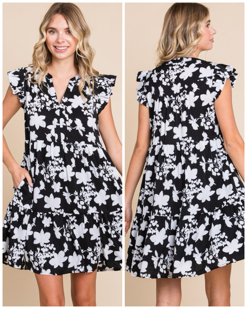 Floral Babydoll Dress With Pockets Black