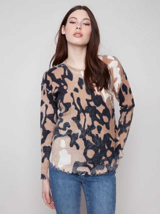 Charlie B Reversible Black/Taupe Print Sweater