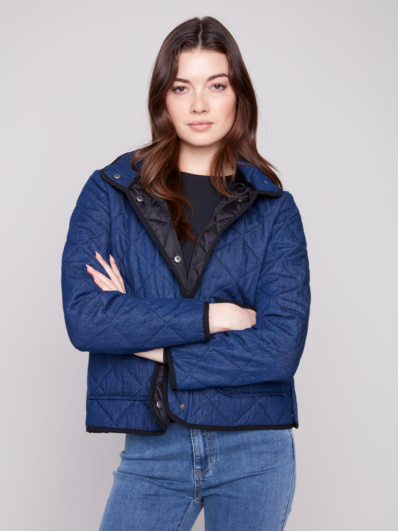 Charlie B Denim Quilted Jacket With Removable Hood