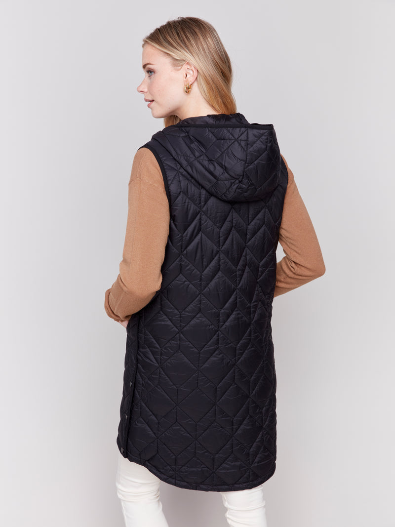 Charlie B Long Quilted Hooded Vest Black