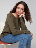 Charlie B Pocket Sweater With Lace Sleeve Detail Spruce