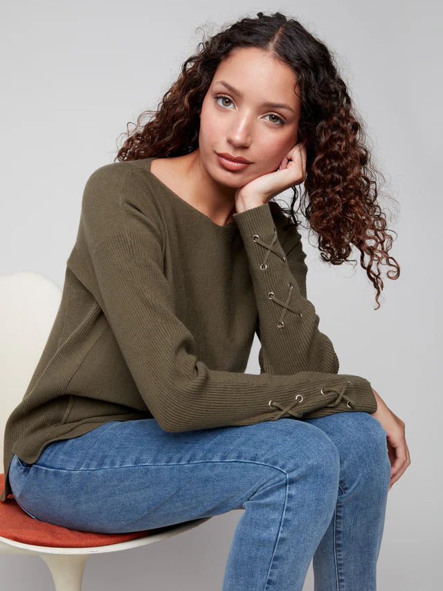 Charlie B Pocket Sweater With Lace Sleeve Detail Spruce