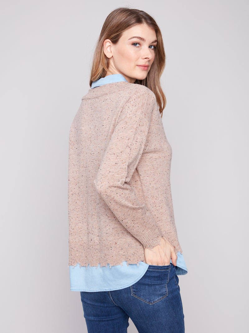 Charlie B Faux Layered Sweater With Tencel Oat Fleck