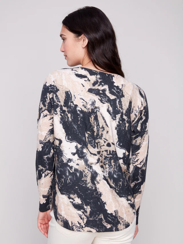 Charlie B Printed Taupe/Black Pocket Sweater