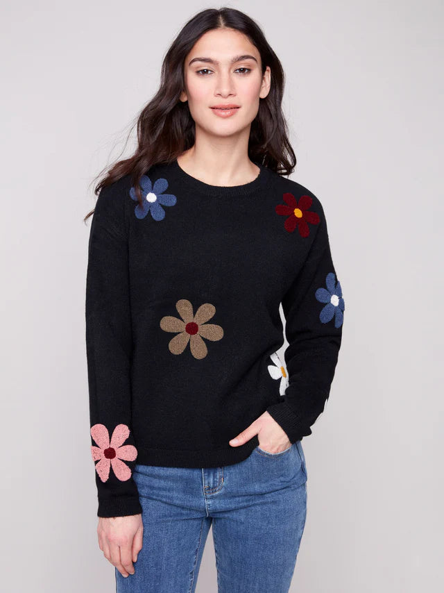 Charlie B Black Sweater Wiht Flowers