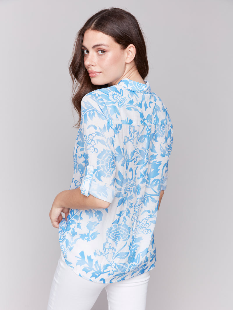 Charlie B Long Sleeve Blue/White Blouse