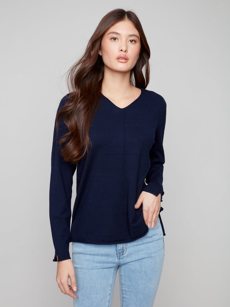 Charlie B Navy V Neck Light Weight Knit Sweater