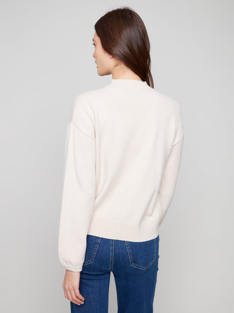 Charlie B Mock Neck Oatmeal Sweater With Navy Flower Print