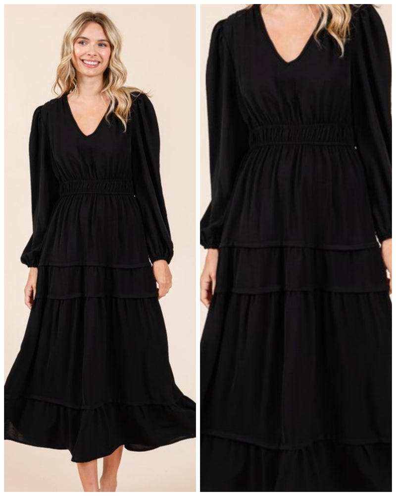 Black V Neck Long Sleeve Midi Dress