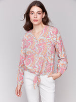 Charlie B Long Sleeve Front Tie Blouse Paisley