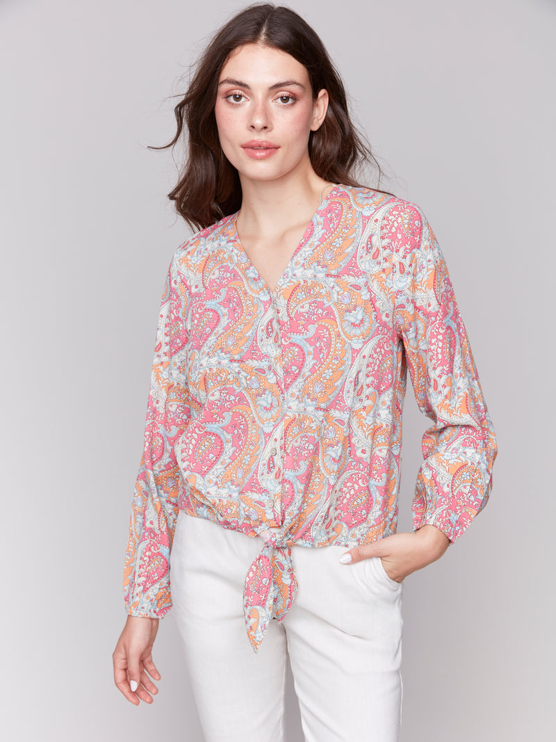 Charlie B Long Sleeve Front Tie Blouse Paisley