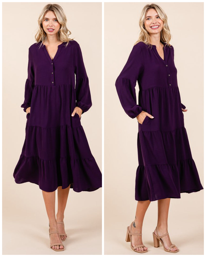 Plum Midi Dress With Pocket