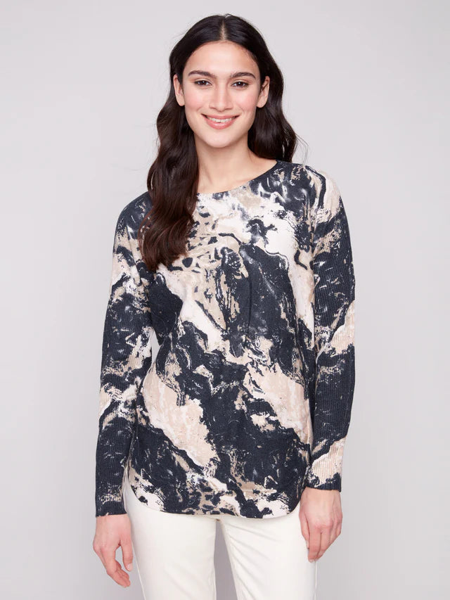Charlie B Printed Taupe/Black Pocket Sweater